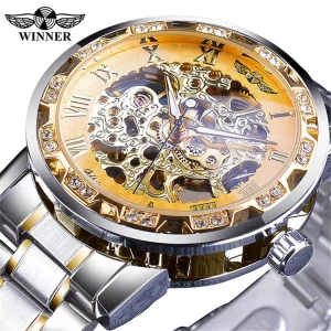 Winner 01B Fashion Diamond Display Luminous Hands Gear Movement Retro Royal Design Men Mechanical Skeleton Wrist Watches