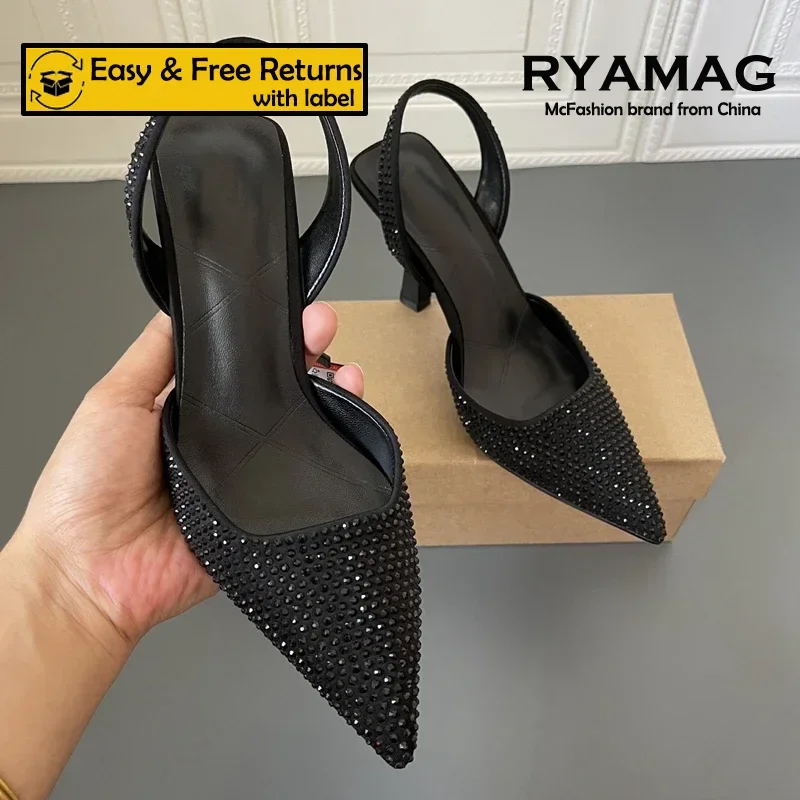 Spring Women Sandal Shoes Thin High Heel Pointed Toe Slingback Sandals Ladies Fashion Bling Cystal Party Dress Sh