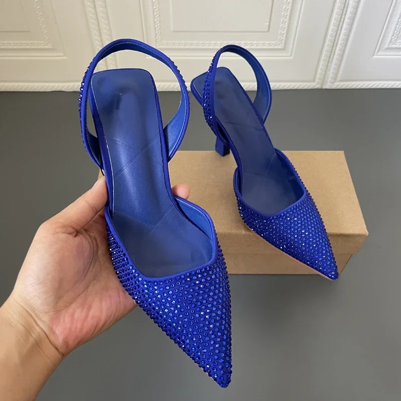 Spring Women Sandal Shoes Thin High Heel Pointed Toe Slingback Sandals Ladies Fashion Bling Cystal Party Dress Sh - Image 2