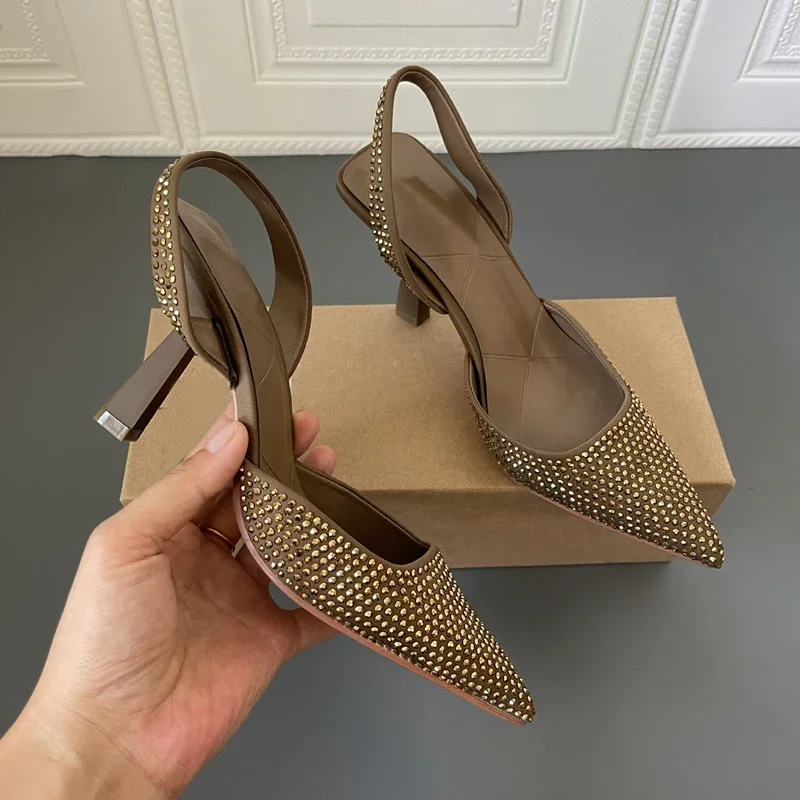 Spring Women Sandal Shoes Thin High Heel Pointed Toe Slingback Sandals Ladies Fashion Bling Cystal Party Dress Sh - Image 4